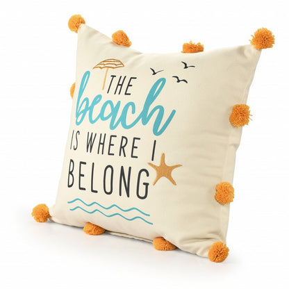 20" Natural Aqua And Orange The Beach Is Where I Belong Throw Pillow with Pompoms