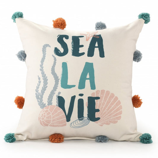 20"  Natural Aqua And Gray Sea La Vie Seashells Throw Pillow with Pompoms