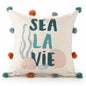 20"  Natural Aqua And Gray Sea La Vie Seashells Throw Pillow with Pompoms