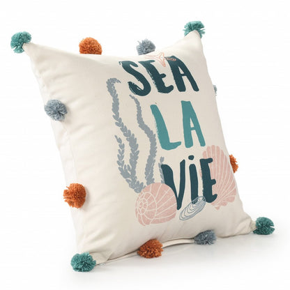 20"  Natural Aqua And Gray Sea La Vie Seashells Throw Pillow with Pompoms