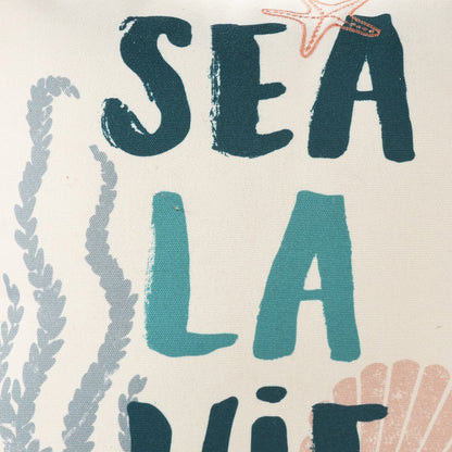 20"  Natural Aqua And Gray Sea La Vie Seashells Throw Pillow with Pompoms