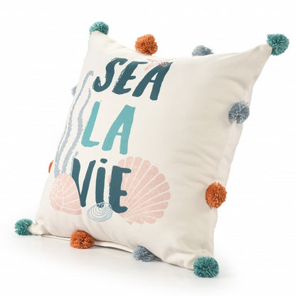 20"  Natural Aqua And Gray Sea La Vie Seashells Throw Pillow with Pompoms
