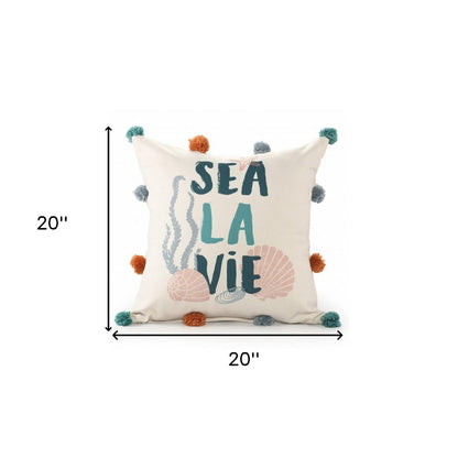 20"  Natural Aqua And Gray Sea La Vie Seashells Throw Pillow with Pompoms