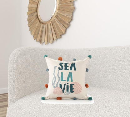 20"  Natural Aqua And Gray Sea La Vie Seashells Throw Pillow with Pompoms