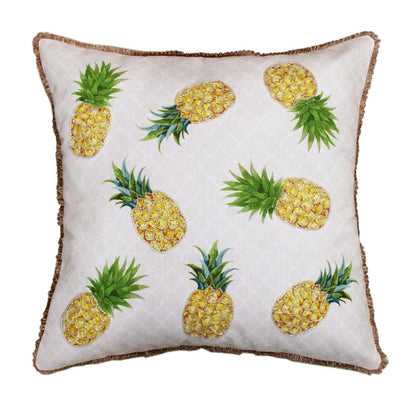 20" Green Ivory And Yellow Pineapple Throw Pillow with Beads And Fringe
