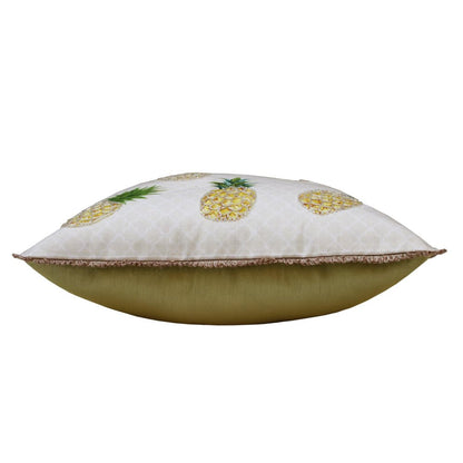 20" Green Ivory And Yellow Pineapple Throw Pillow with Beads And Fringe