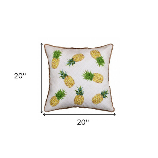 20" Green Ivory And Yellow Pineapple Throw Pillow with Beads And Fringe