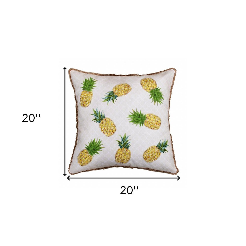 20" Green Ivory And Yellow Pineapple Throw Pillow with Beads And Fringe