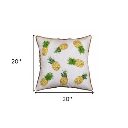 20" Green Ivory And Yellow Pineapple Throw Pillow with Beads And Fringe