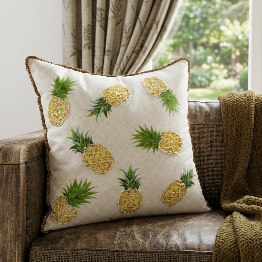 20" Green Ivory And Yellow Pineapple Throw Pillow with Beads And Fringe