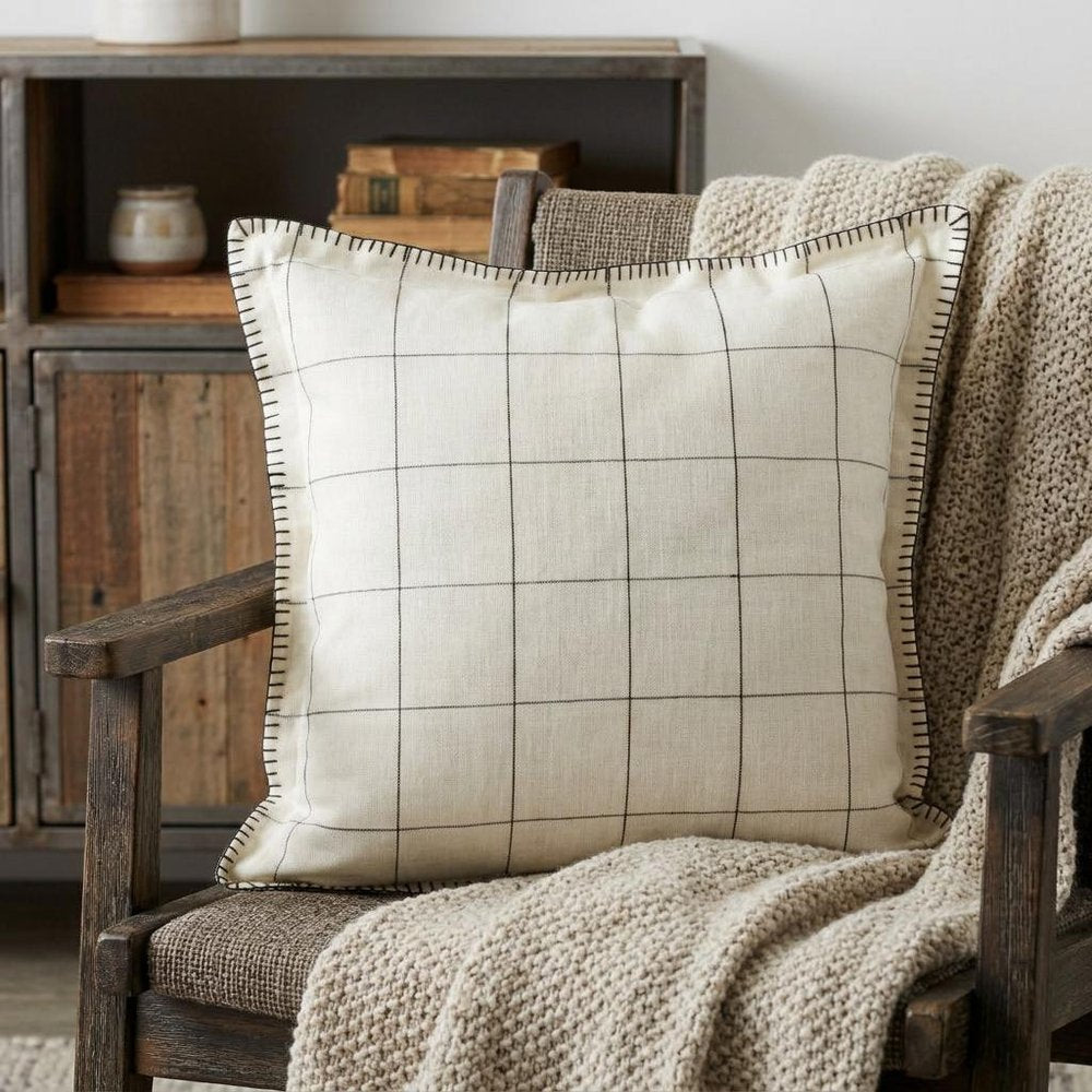 20" X 20" Ivory And Black Linen Geometric Zippered Pillow