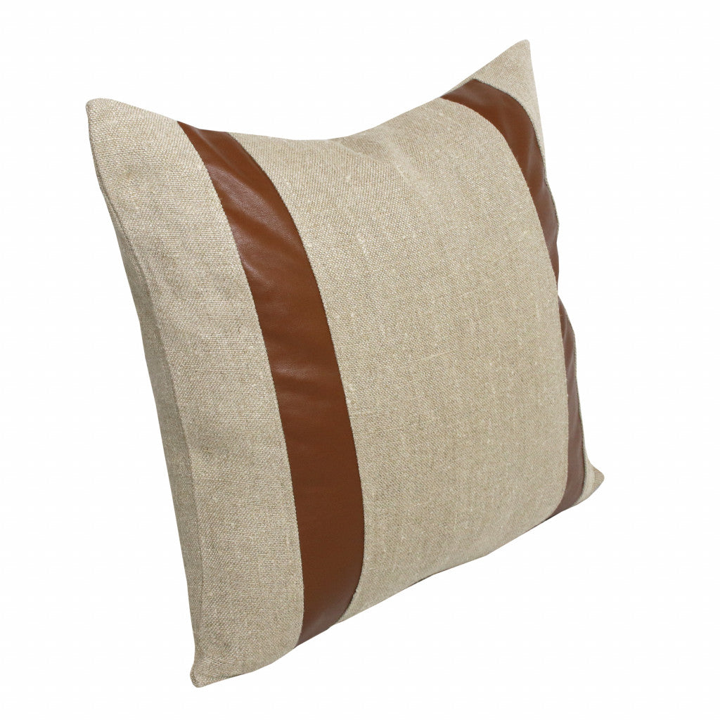 20" X 20" Beige And Brown Linen Striped Zippered Pillow