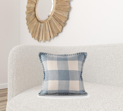 20" X 20" Light Blue And Ivory Polyester Plaid Zippered Pillow