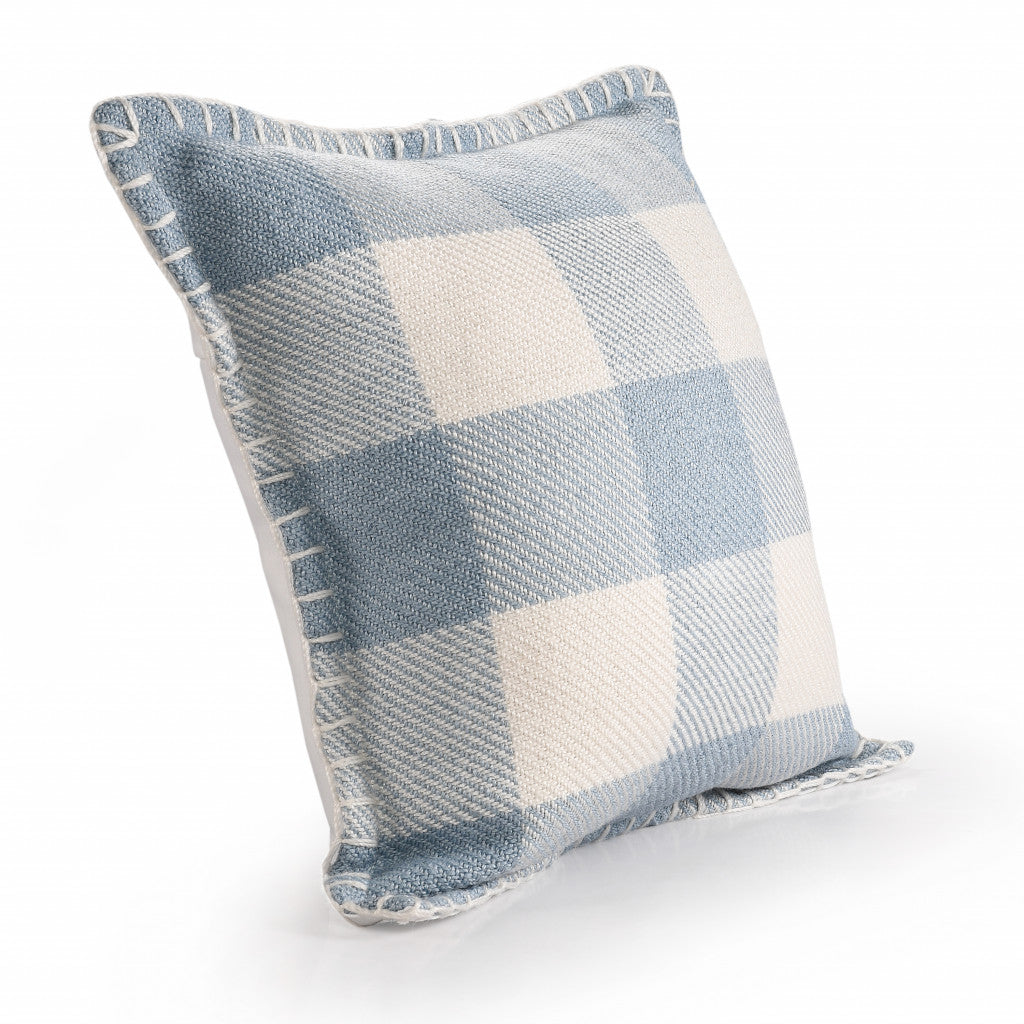 20" X 20" Light Blue And Ivory Polyester Plaid Zippered Pillow