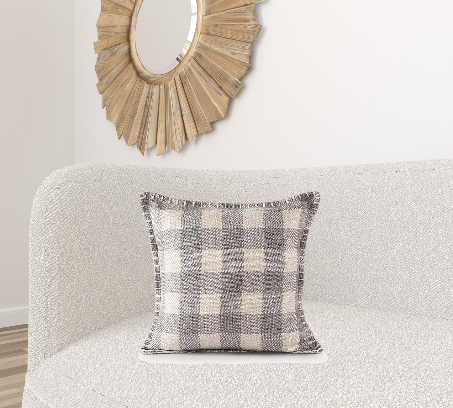 20" X 20" Light Gray And Ivory Polyester Plaid Zippered Pillow