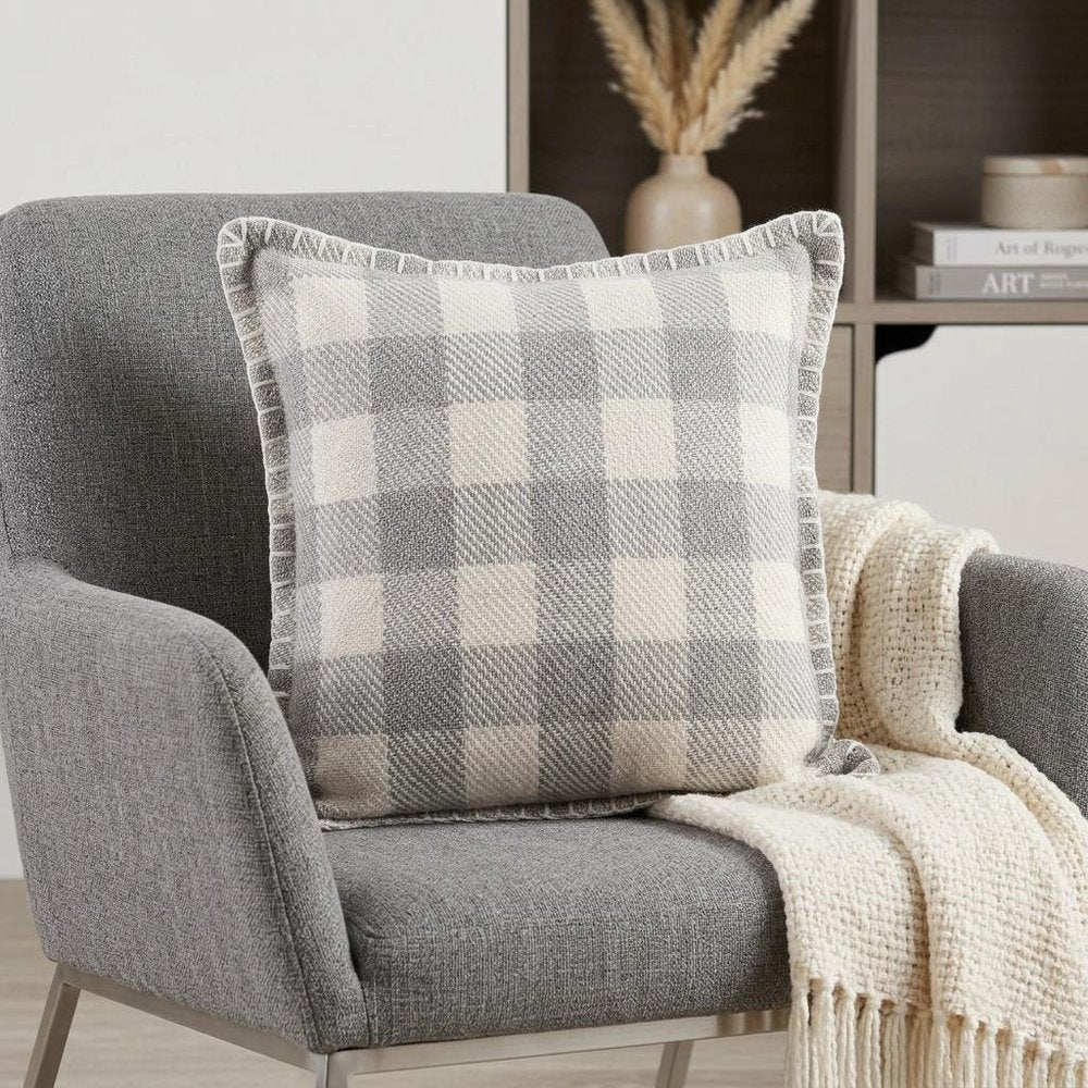 20" X 20" Light Gray And Ivory Polyester Plaid Zippered Pillow