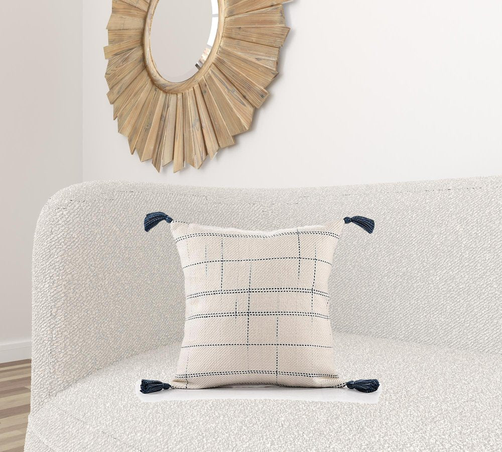 20" Ivory and Blue Throw Pillow