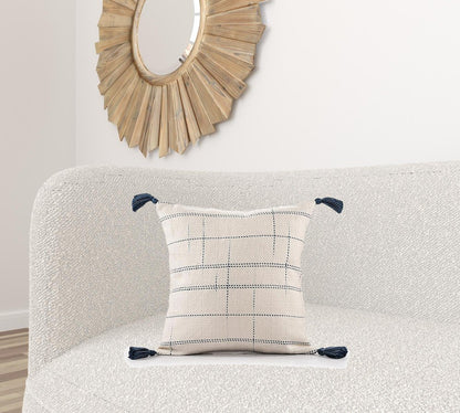 20" Ivory and Blue Throw Pillow