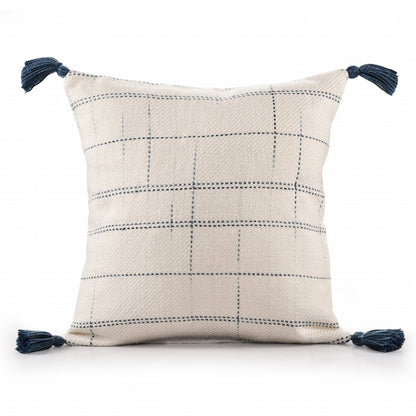 20" Ivory and Blue Throw Pillow