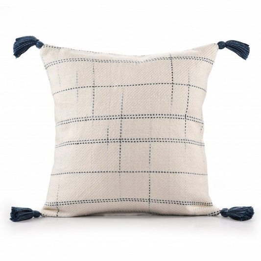 20" Ivory and Blue Throw Pillow