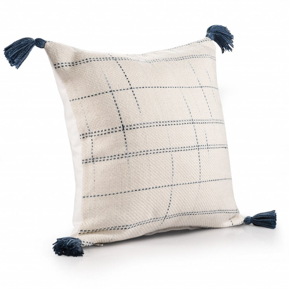 20" Ivory and Blue Throw Pillow