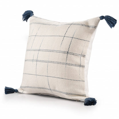 20" Ivory and Blue Throw Pillow