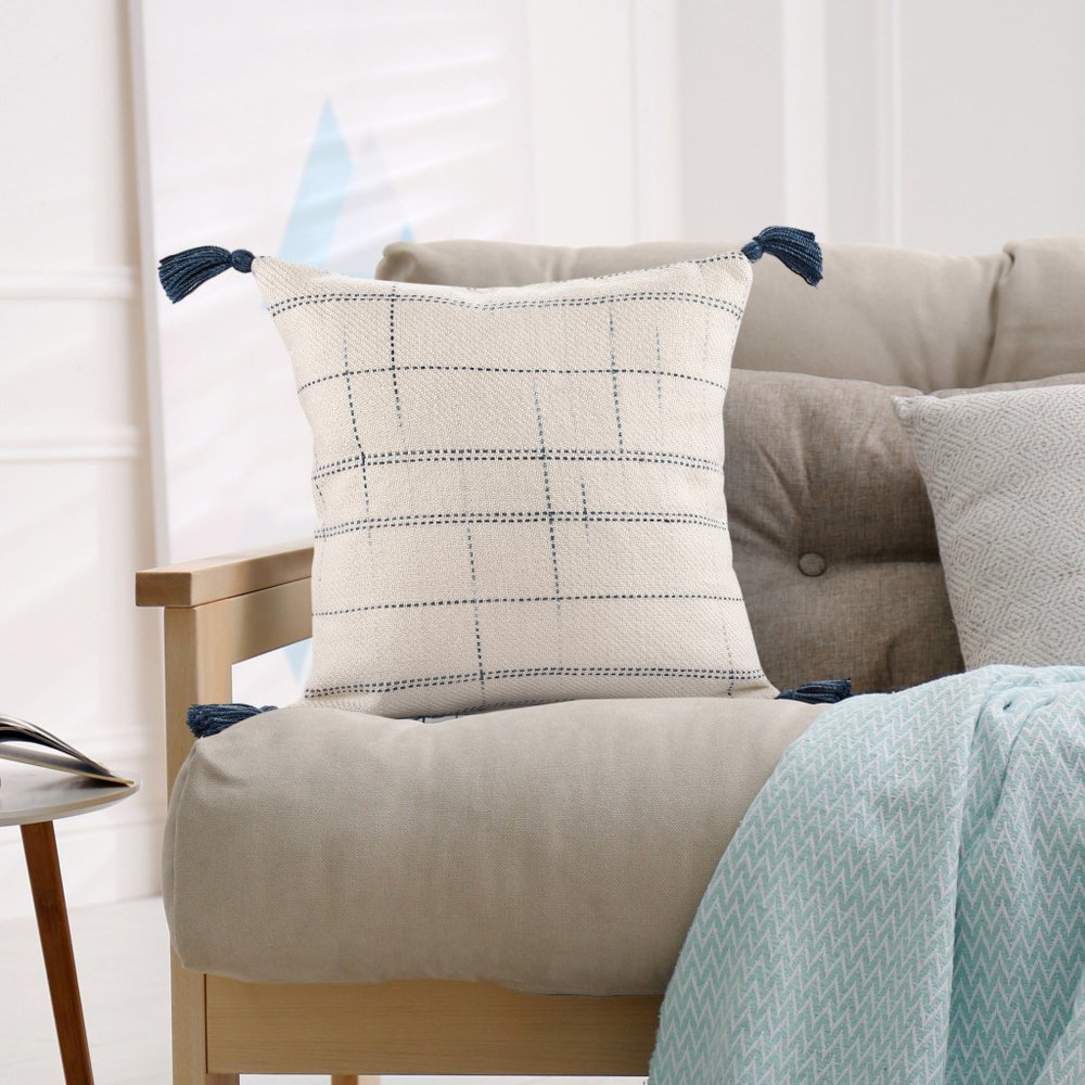 20" Ivory and Blue Throw Pillow