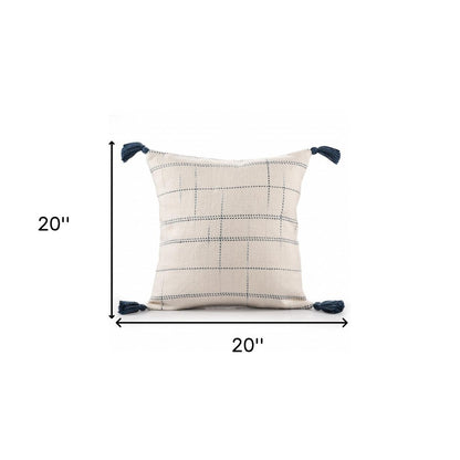 20" Ivory and Blue Throw Pillow