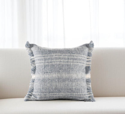 20" Denim Blue And Ivory Fabric Striped Throw Pillow
