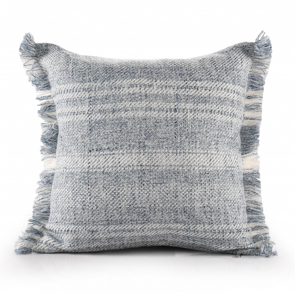 20" Denim Blue And Ivory Fabric Striped Throw Pillow