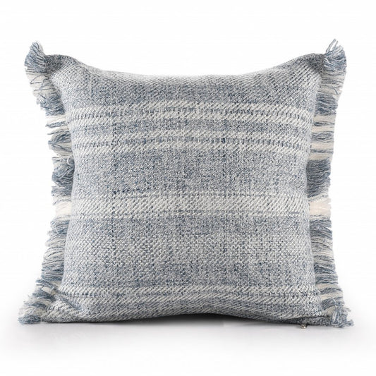 20" Denim Blue And Ivory Fabric Striped Throw Pillow
