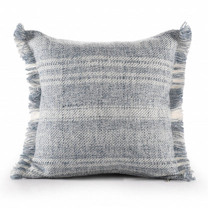 20" Denim Blue And Ivory Fabric Striped Throw Pillow