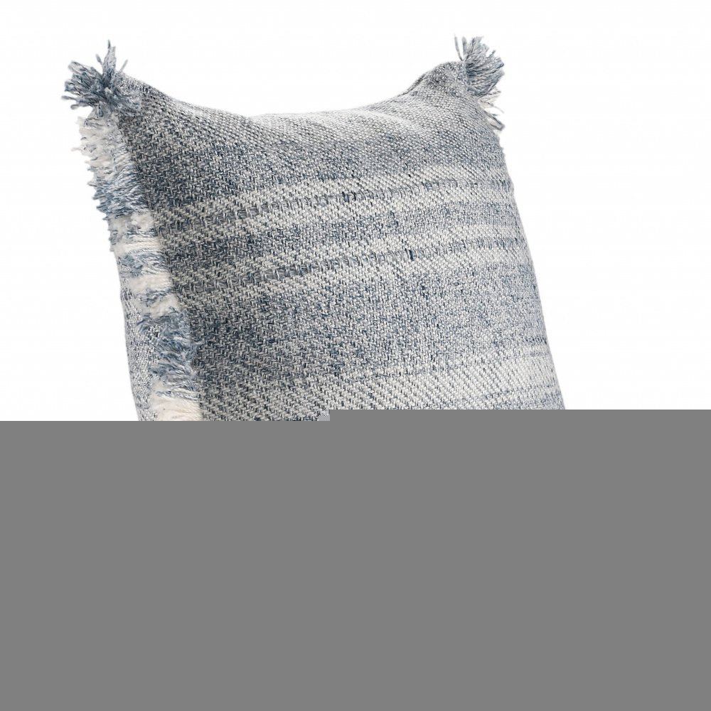 20" Denim Blue And Ivory Fabric Striped Throw Pillow