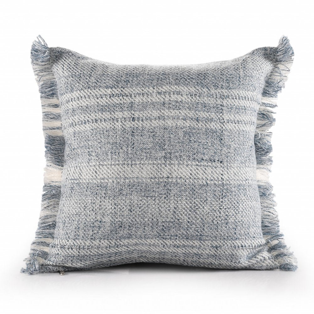 20" Denim Blue And Ivory Fabric Striped Throw Pillow