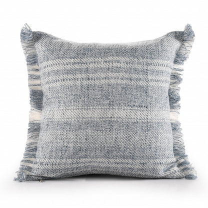 20" Denim Blue And Ivory Fabric Striped Throw Pillow