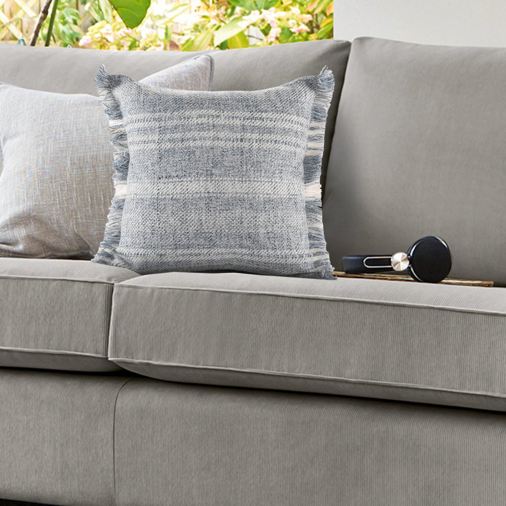 20" Denim Blue And Ivory Fabric Striped Throw Pillow