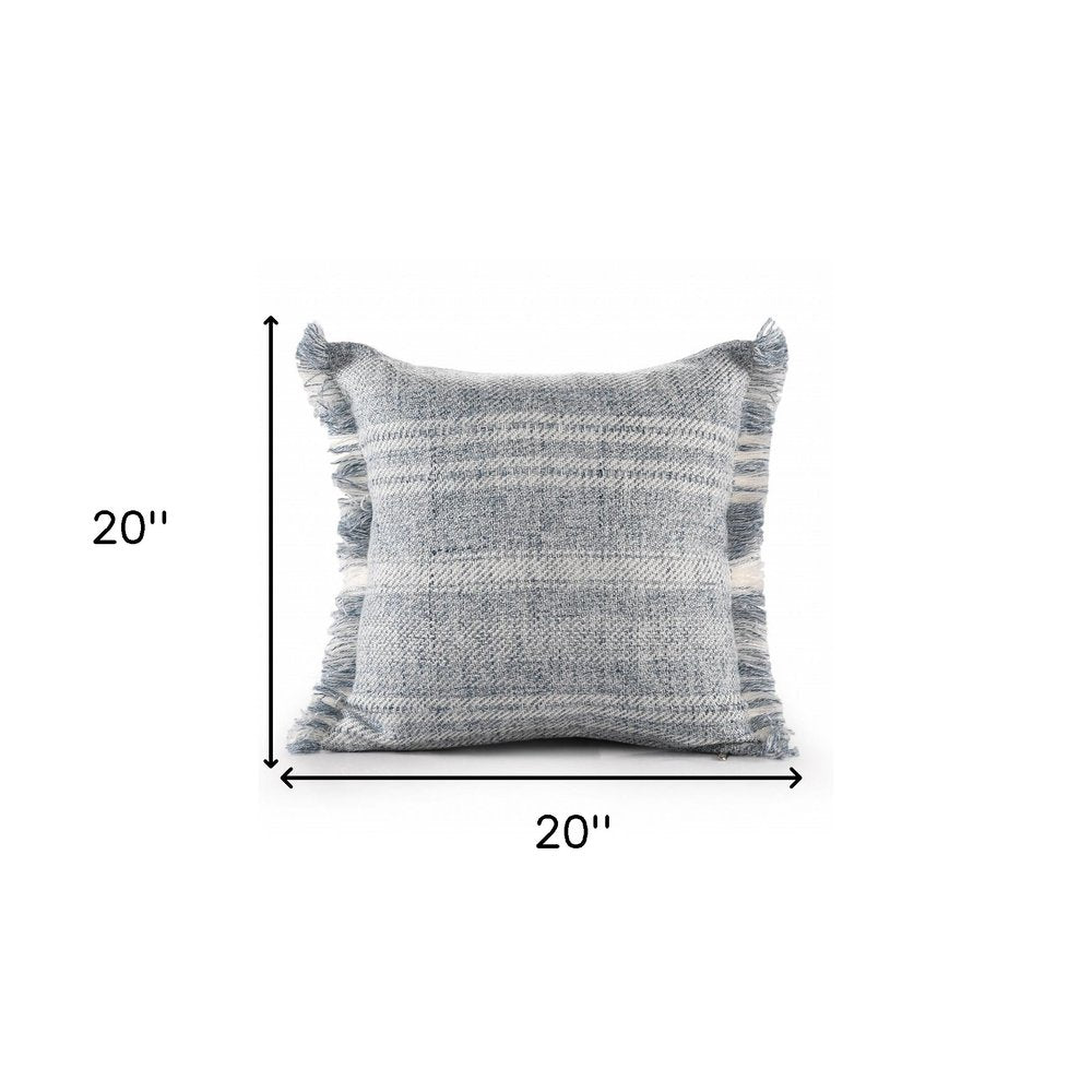 20" Denim Blue And Ivory Fabric Striped Throw Pillow