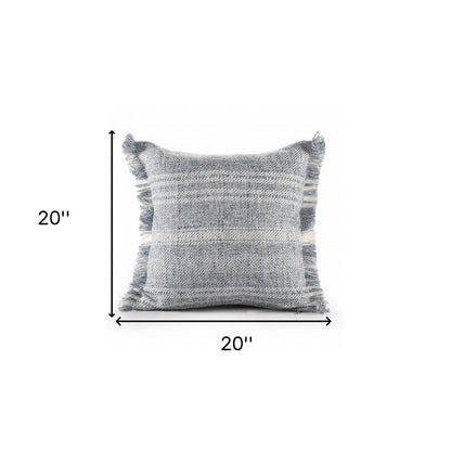 20" Denim Blue And Ivory Fabric Striped Throw Pillow