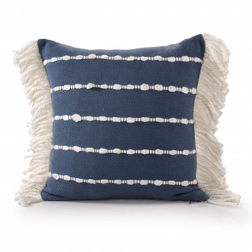 20" Navy Blue And Ivory Cotton Striped Throw Pillow with Fringe
