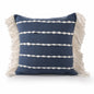20" Navy Blue And Ivory Cotton Striped Throw Pillow with Fringe
