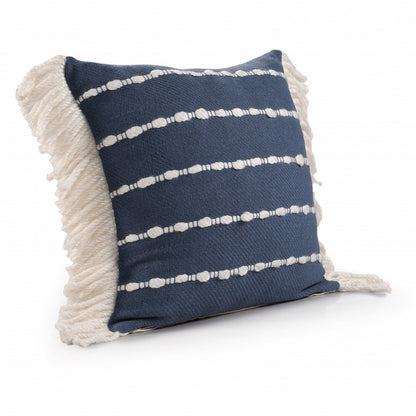 20" Navy Blue And Ivory Cotton Striped Throw Pillow with Fringe
