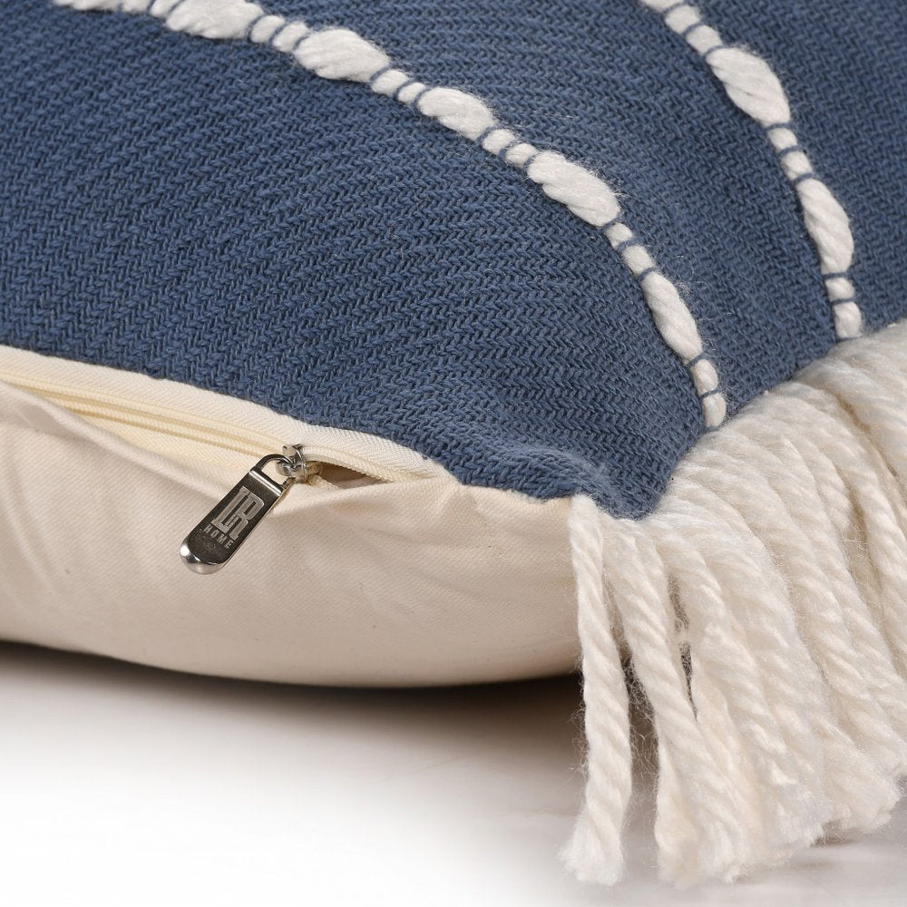 20" Navy Blue And Ivory Cotton Striped Throw Pillow with Fringe