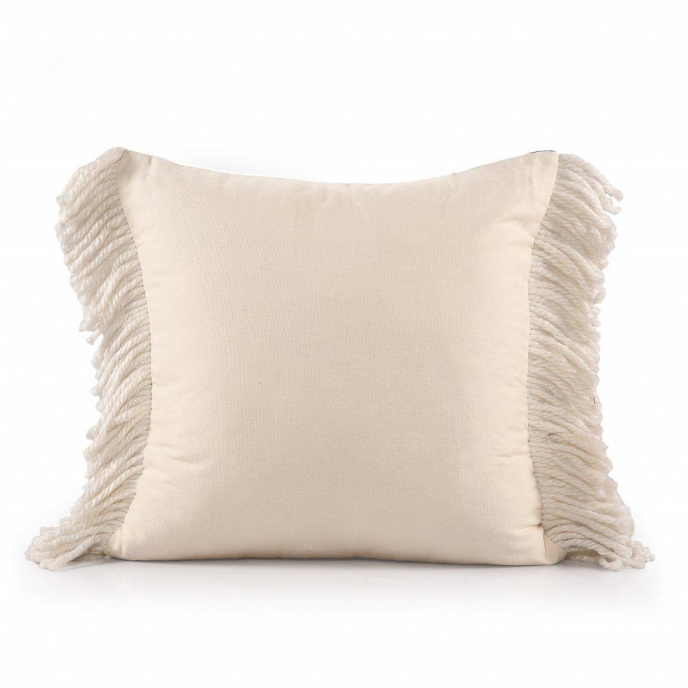 20" Navy Blue And Ivory Cotton Striped Throw Pillow with Fringe