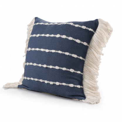 20" Navy Blue And Ivory Cotton Striped Throw Pillow with Fringe
