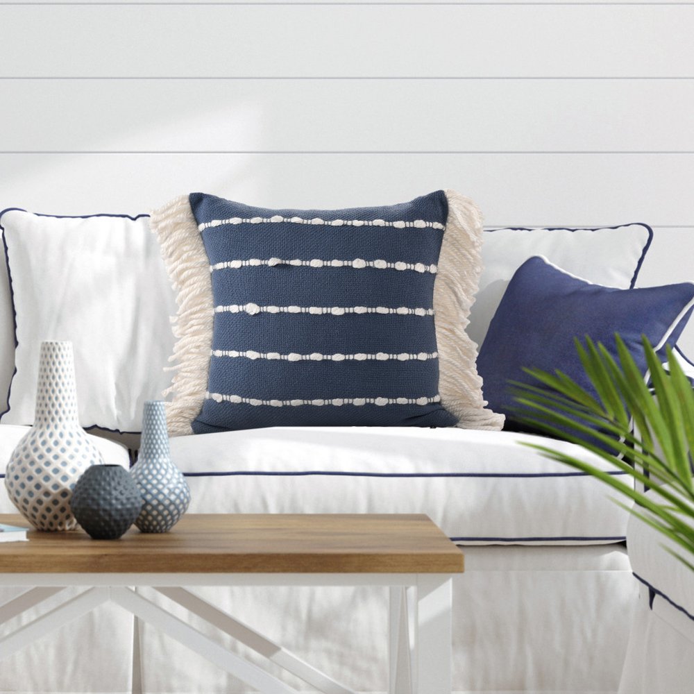 20" Navy Blue And Ivory Cotton Striped Throw Pillow with Fringe