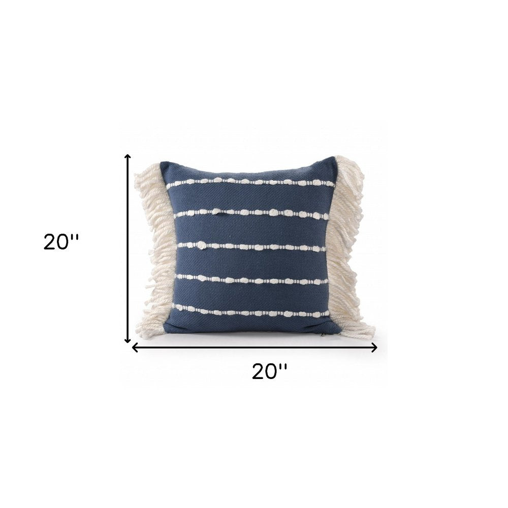 20" Navy Blue And Ivory Cotton Striped Throw Pillow with Fringe