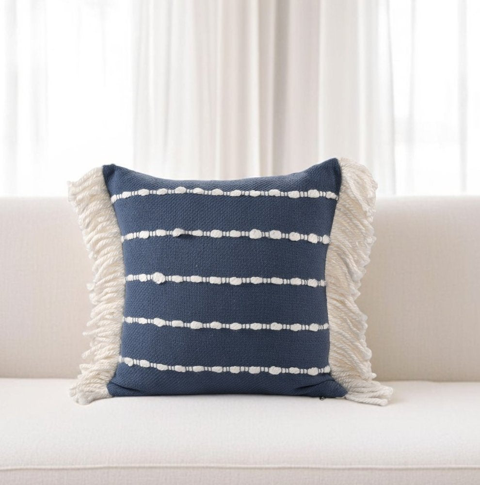 20" Navy Blue And Ivory Cotton Striped Throw Pillow with Fringe