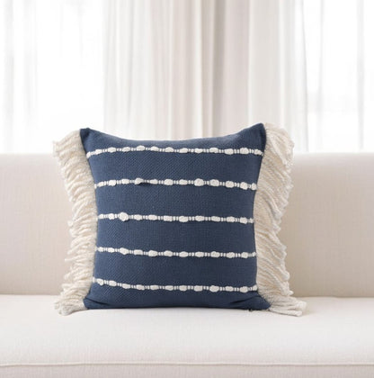 20" Navy Blue And Ivory Cotton Striped Throw Pillow with Fringe