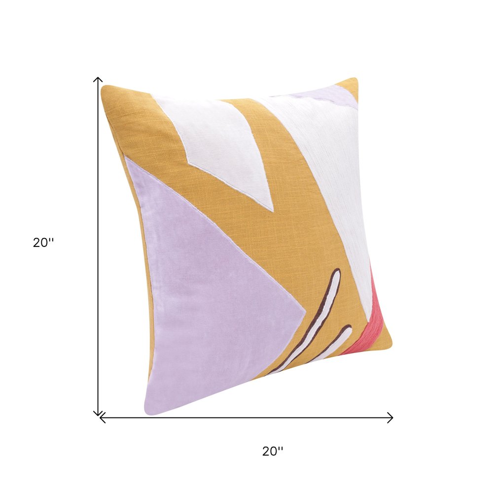 20" X 20" Yellow Purple Off-White And Coral 100% Cotton Abstract Zippered Pillow