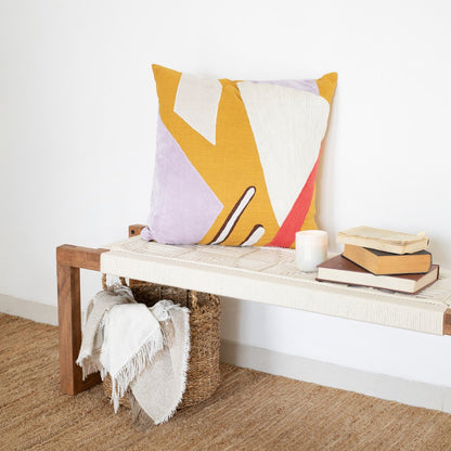 20" X 20" Yellow Purple Off-White And Coral 100% Cotton Abstract Zippered Pillow